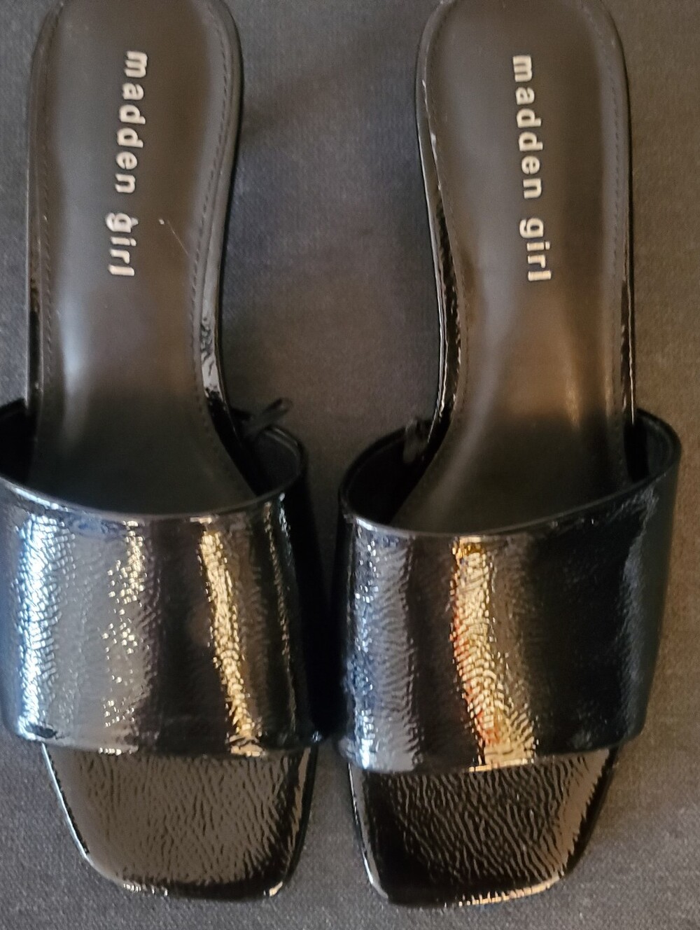 Madden Girl Black Patent Kitten Heel Slide Mules